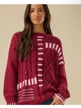 Altar'd State Maroon Sweater with Pink Contrast Accents
